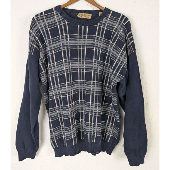 Vtg Sweater Mens Large Blue Plaid Knit Pullover Dad Grandpa Lord and Taylor Old - Picture 1 of 8